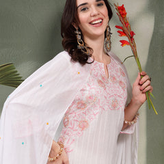Women White Embroidered Pure Cotton Straight Kurta With Trousers & Dupatta