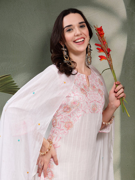 Women White Embroidered Pure Cotton Straight Kurta With Trousers & Dupatta