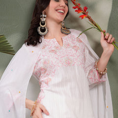 Women White Embroidered Pure Cotton Straight Kurta With Trousers & Dupatta