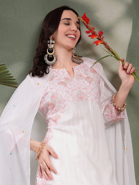 Women White Embroidered Pure Cotton Straight Kurta With Trousers & Dupatta