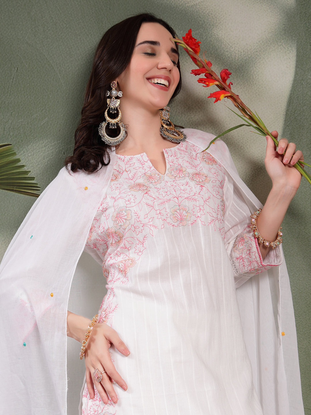 Women White Embroidered Pure Cotton Straight Kurta With Trousers & Dupatta