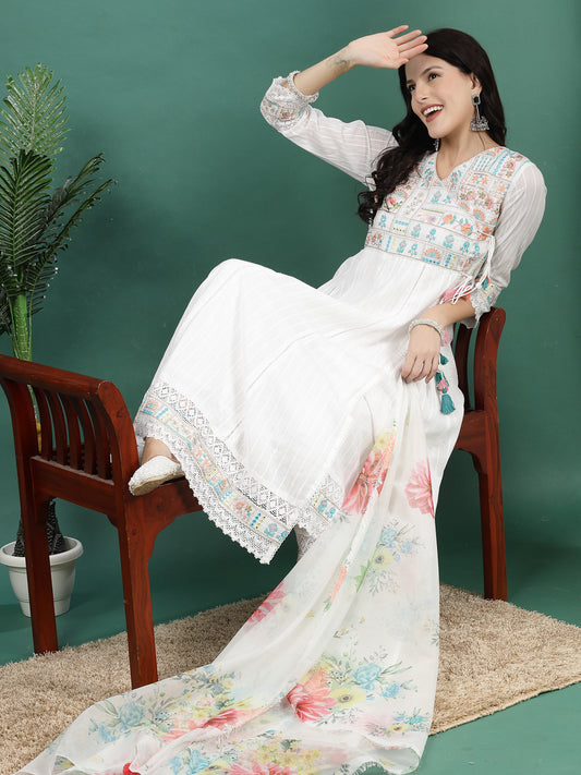 Women White Color Embroidery Anarkali Kurta Sharara With dupatta Set
