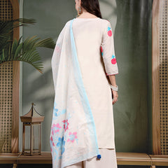 Women Off White Pink Floral Embroidered Pure Cotton Round Neck Kurta & Palazzos With Dupatta