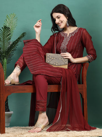 Women Maroon Color Embroidery Staright Kurta Pant With Dupatta Set