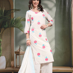 Women Off White Pink Floral Embroidered Pure Cotton Round Neck Kurta & Palazzos With Dupatta