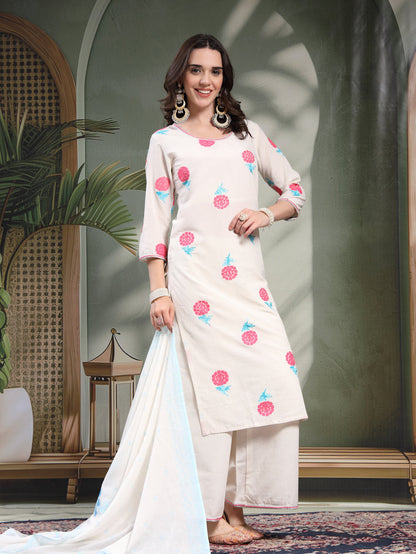 Women Off White Pink Floral Embroidered Pure Cotton Round Neck Kurta & Palazzos With Dupatta