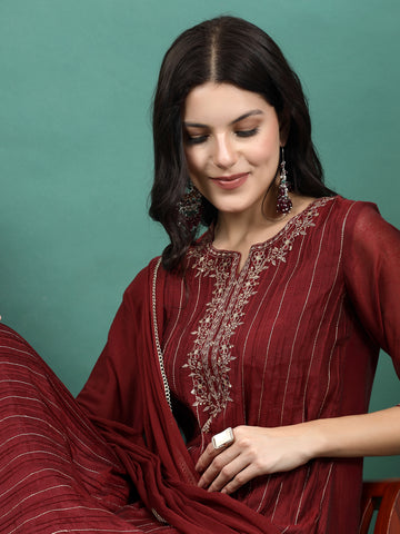 Women Maroon Color Embroidery Staright Kurta Pant With Dupatta Set