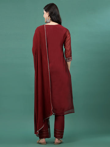 Women Maroon Color Embroidery Staright Kurta Pant With Dupatta Set