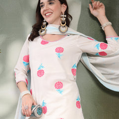 Women Off White Pink Floral Embroidered Pure Cotton Round Neck Kurta & Palazzos With Dupatta