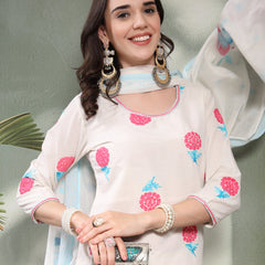 Women Off White Pink Floral Embroidered Pure Cotton Round Neck Kurta & Palazzos With Dupatta
