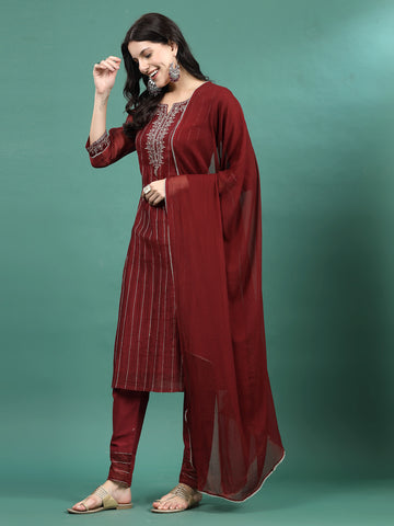 Women Maroon Color Embroidery Staright Kurta Pant With Dupatta Set