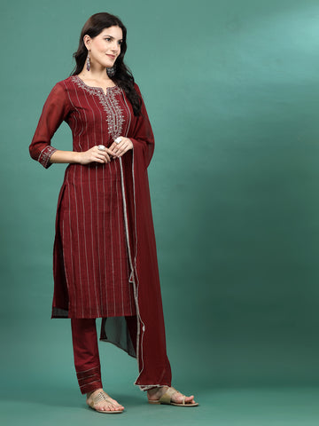 Women Maroon Color Embroidery Staright Kurta Pant With Dupatta Set