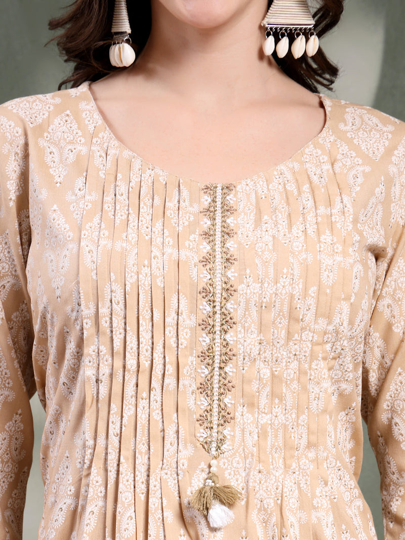 Women Beige Paisley Printed Pure Cotton Round Neck A-Line Kurta & Trousers With Dupatta