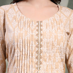 Women Beige Paisley Printed Pure Cotton Round Neck A-Line Kurta & Trousers With Dupatta