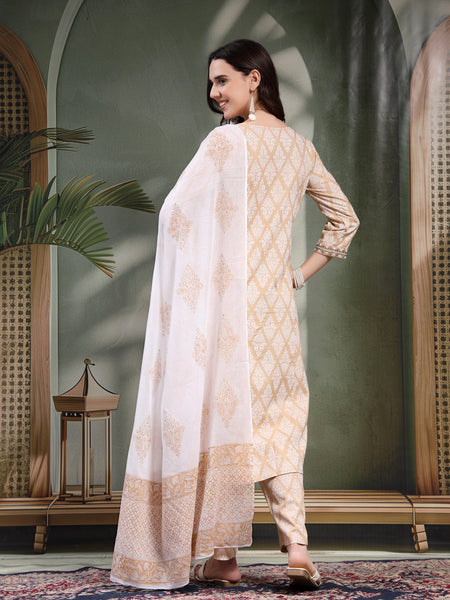 Women Beige Paisley Printed Pure Cotton Round Neck A-Line Kurta & Trousers With Dupatta