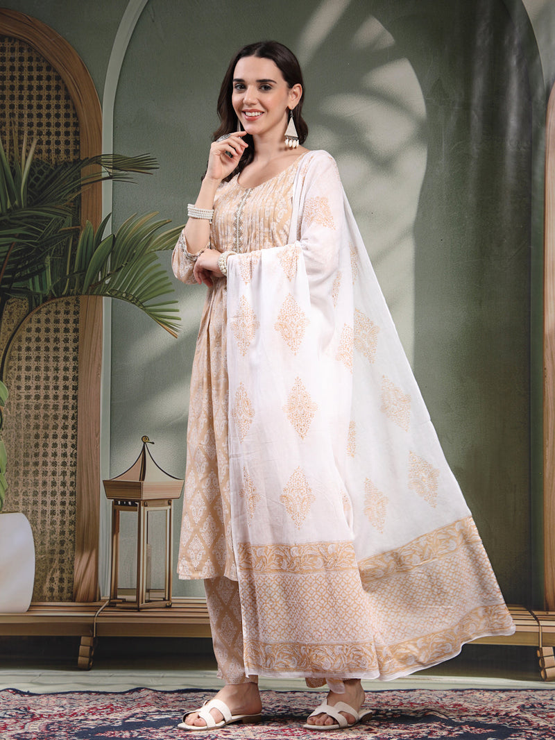 Women Beige Paisley Printed Pure Cotton Round Neck A-Line Kurta & Trousers With Dupatta