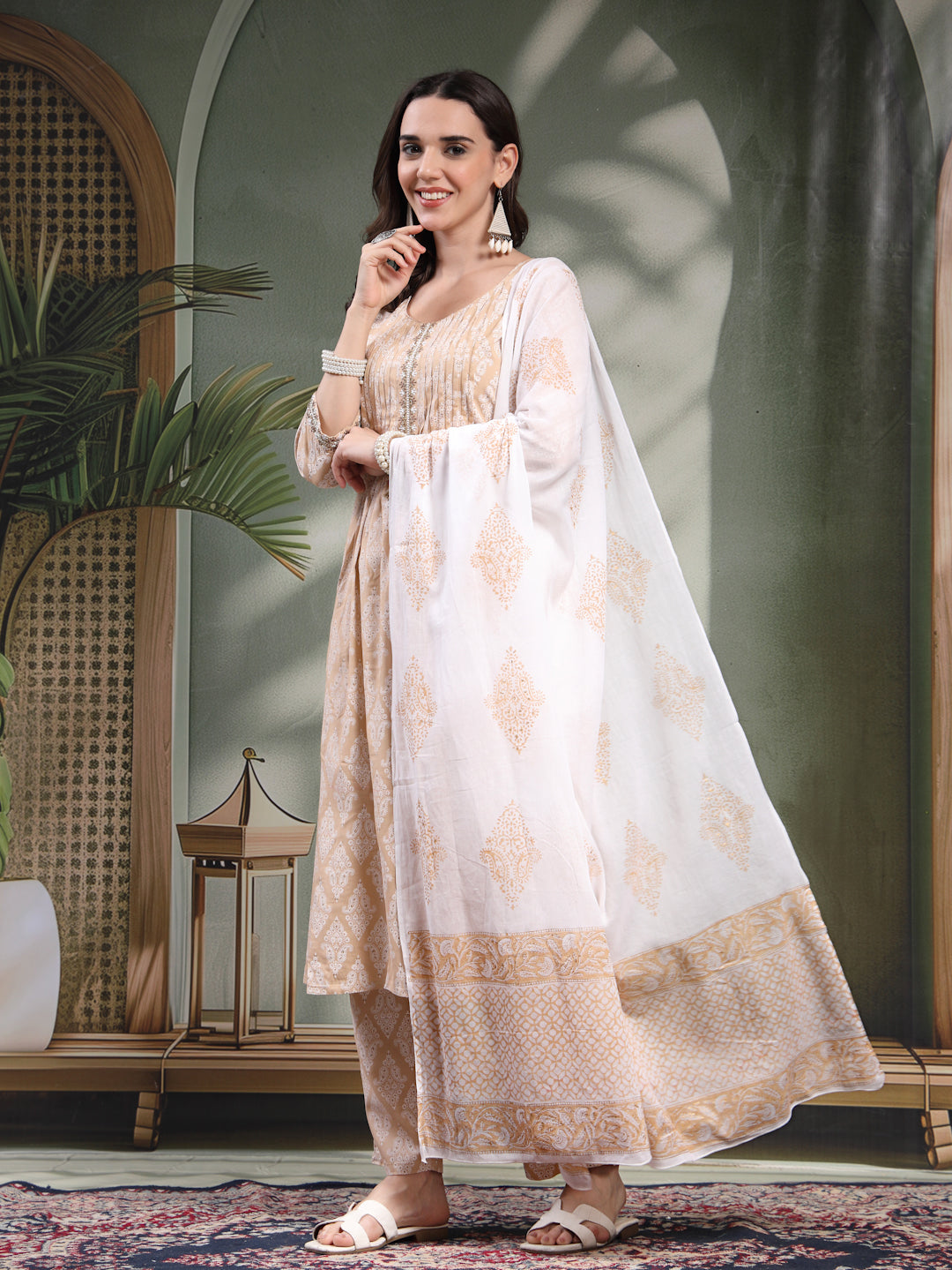 Women Beige Paisley Printed Pure Cotton Round Neck A-Line Kurta & Trousers With Dupatta