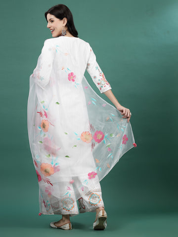 Women White Color Embroidery Staright Kurta Sharara With Dupatta Set