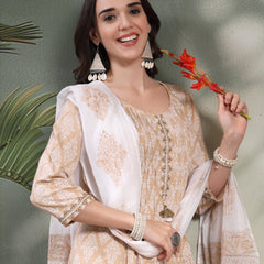 Women Beige Paisley Printed Pure Cotton Round Neck A-Line Kurta & Trousers With Dupatta