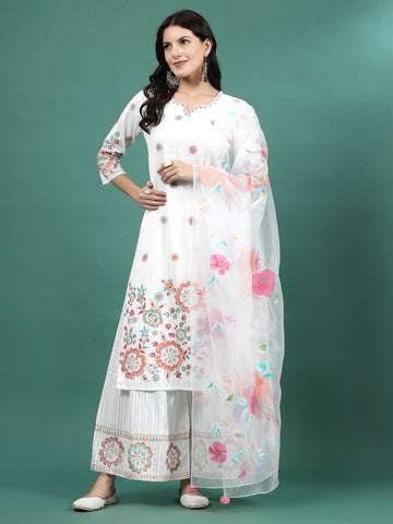 Women White Color Embroidery Staright Kurta Sharara With Dupatta Set