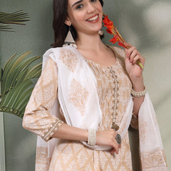 Women Beige Paisley Printed Pure Cotton Round Neck A-Line Kurta & Trousers With Dupatta