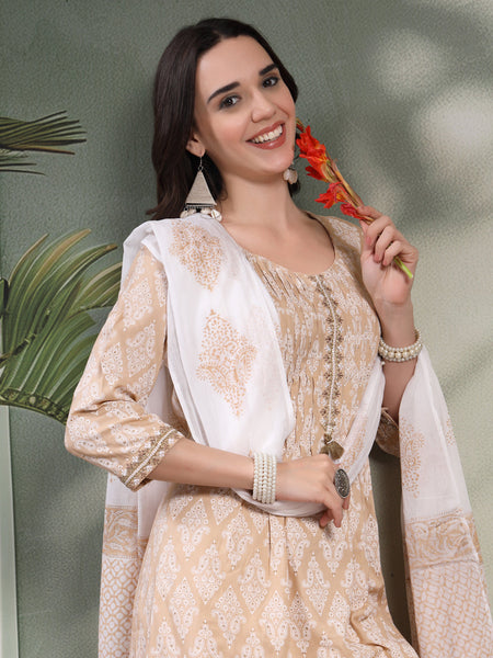 Women Beige Paisley Printed Pure Cotton Round Neck A-Line Kurta & Trousers With Dupatta