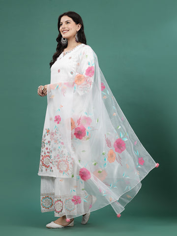 Women White Color Embroidery Staright Kurta Sharara With Dupatta Set