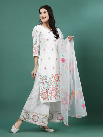 Women White Color Embroidery Staright Kurta Sharara With Dupatta Set