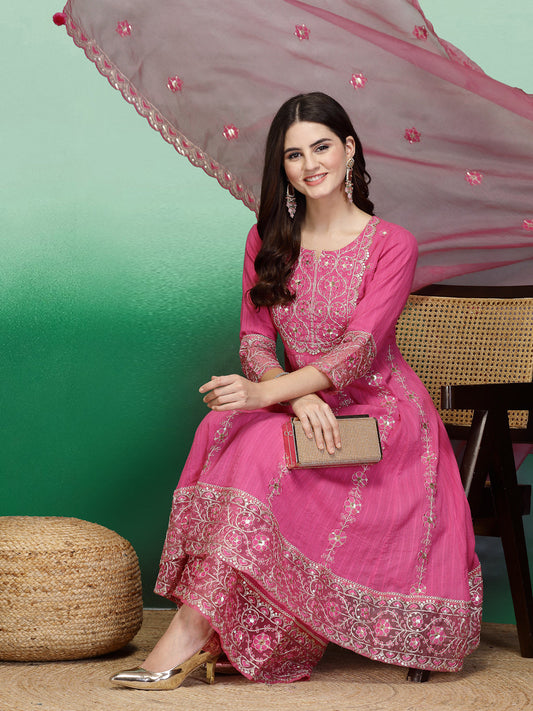 Women Pink Color Embroidery Anarkali Kurta Sharara With Dupatta Set