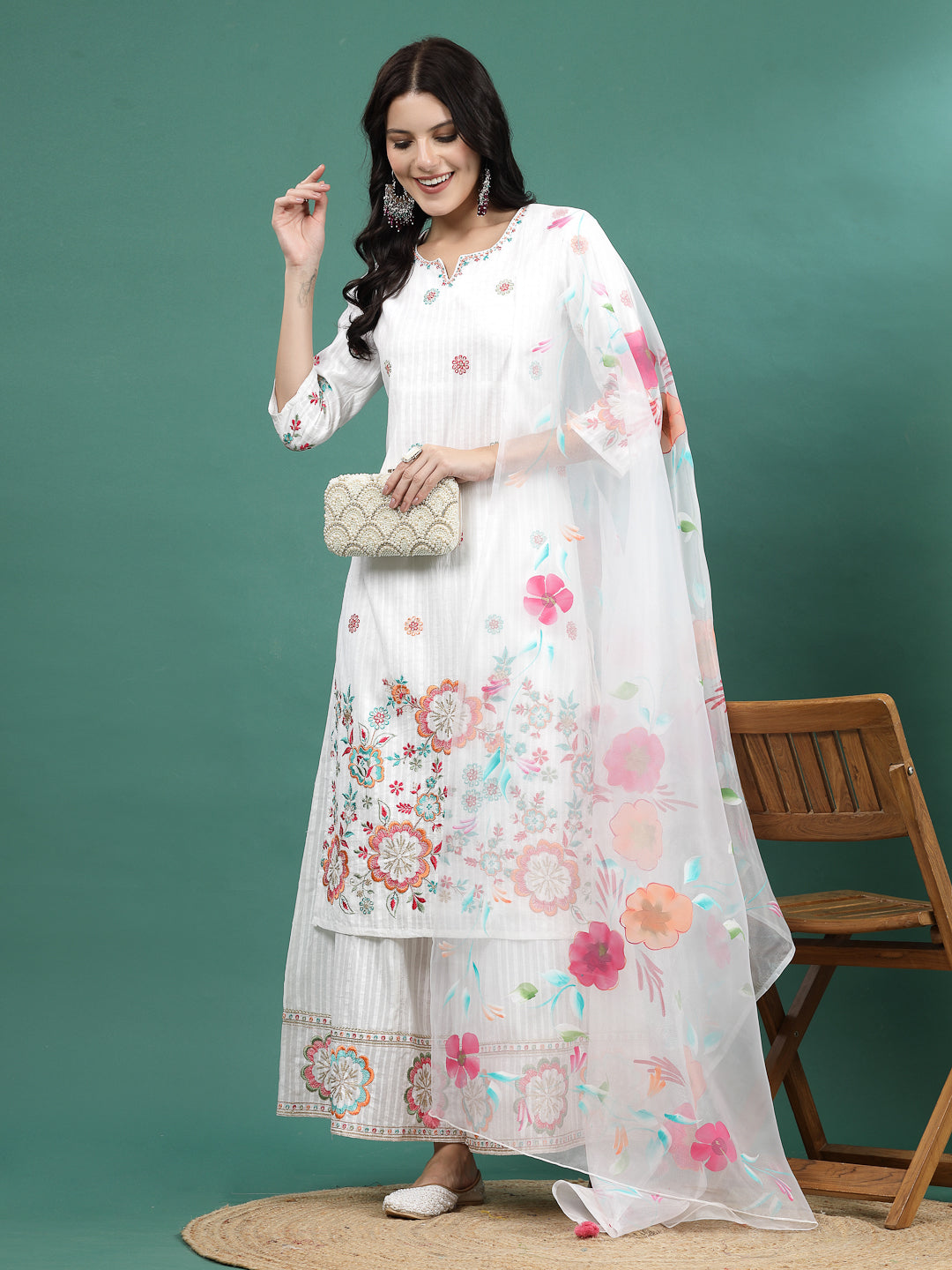 Women White Color Embroidery Staright Kurta Sharara With Dupatta Set