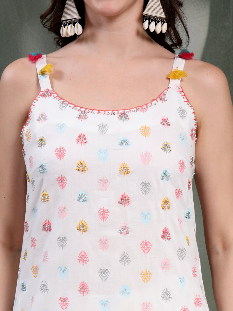 Women White Embroidered Pure Cotton Round Neck Kurta & Palazzos With Dupatta