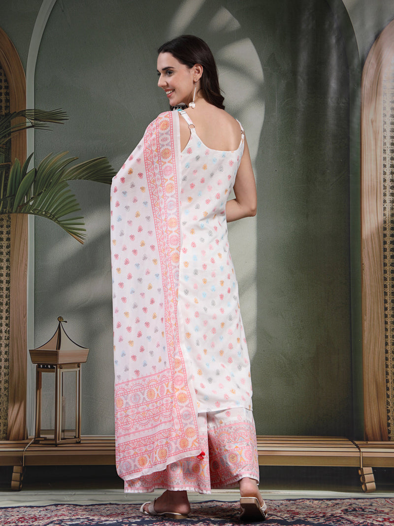 Women White Embroidered Pure Cotton Round Neck Kurta & Palazzos With Dupatta
