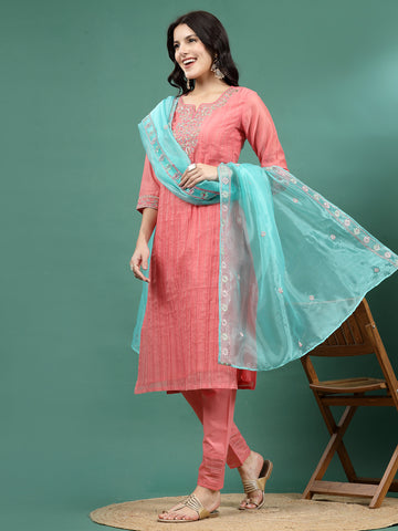 Women Peach Color Embroidery Staright Kurta Pant With Dupatta Set