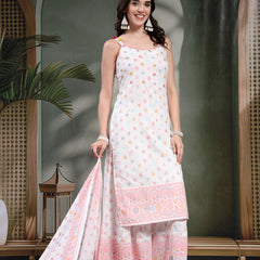 Women White Embroidered Pure Cotton Round Neck Kurta & Palazzos With Dupatta