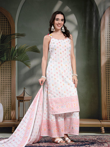 Women White Embroidered Pure Cotton Round Neck Kurta & Palazzos With Dupatta