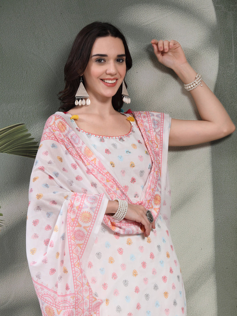 Women White Embroidered Pure Cotton Round Neck Kurta & Palazzos With Dupatta
