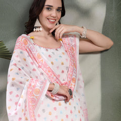 Women White Embroidered Pure Cotton Round Neck Kurta & Palazzos With Dupatta