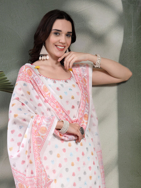 Women White Embroidered Pure Cotton Round Neck Kurta & Palazzos With Dupatta