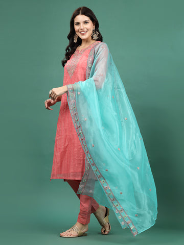 Women Peach Color Embroidery Staright Kurta Pant With Dupatta Set