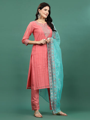 Women Peach Color Embroidery Staright Kurta Pant With Dupatta Set