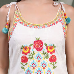 Women White Embroidered Pure Cotton Round Neck Kurta & Trousers With Dupatta
