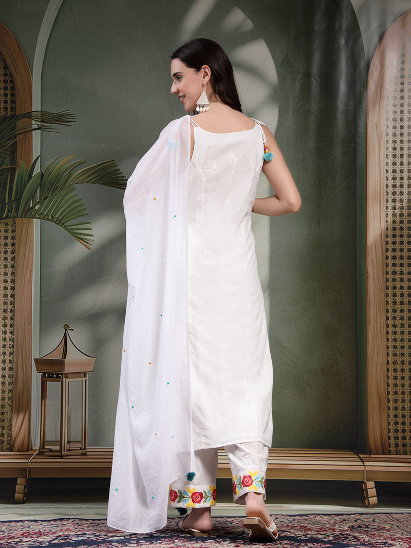 Women White Embroidered Pure Cotton Round Neck Kurta & Trousers With Dupatta