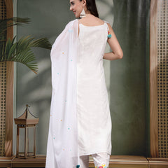 Women White Embroidered Pure Cotton Round Neck Kurta & Trousers With Dupatta