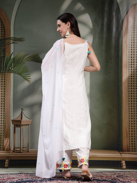 Women White Embroidered Pure Cotton Round Neck Kurta & Trousers With Dupatta