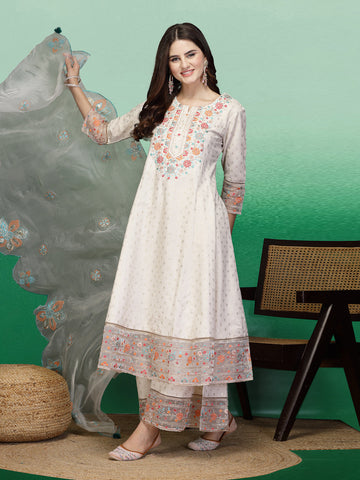 Women Off White Color Embroidery Anarkali Kurta Sharara With Dupatta Set