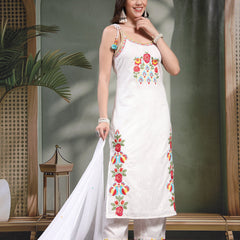 Women White Embroidered Pure Cotton Round Neck Kurta & Trousers With Dupatta