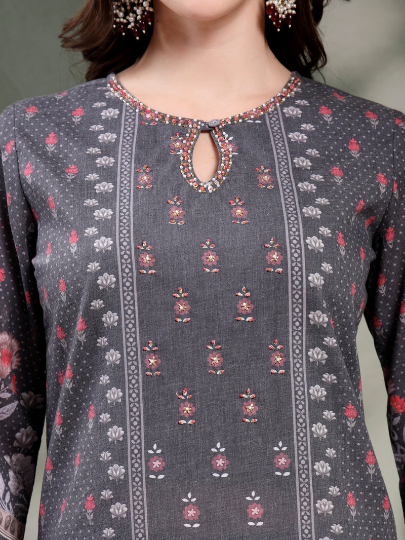 Women Grey Printed Keyhole Neck Kurta & Trousers With Dupatta