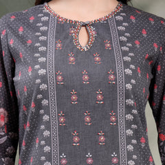 Women Grey Printed Keyhole Neck Kurta & Trousers With Dupatta
