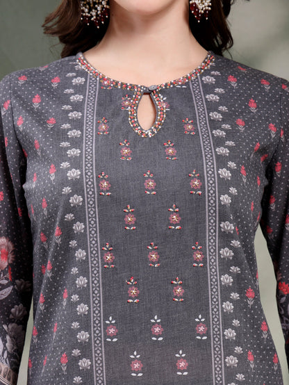 Women Grey Printed Keyhole Neck Kurta & Trousers With Dupatta