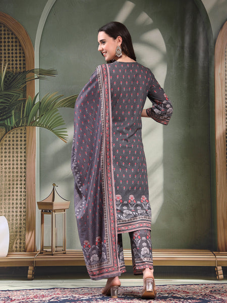 Women Grey Printed Keyhole Neck Kurta & Trousers With Dupatta